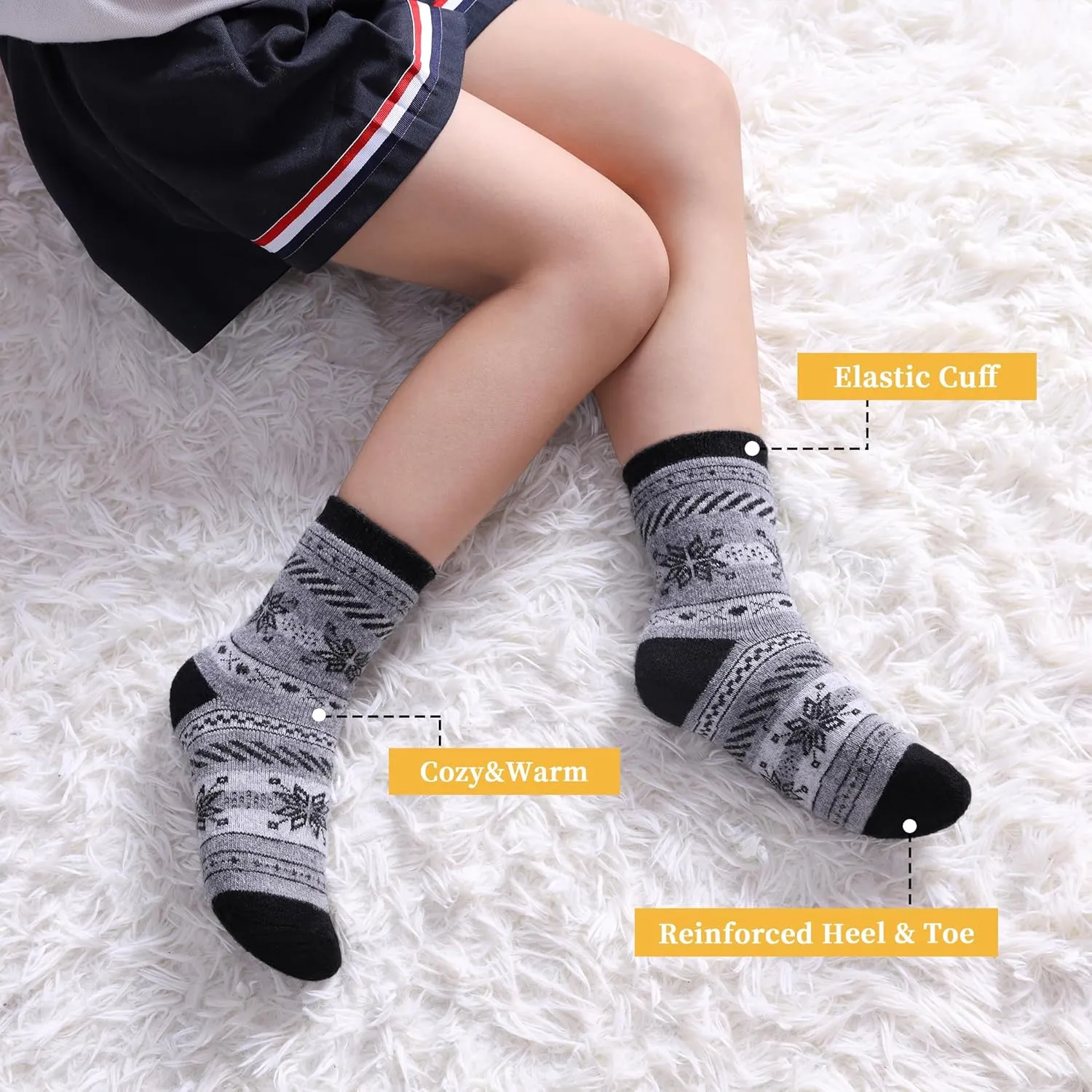 FNOVCO Kids Merino Wool Hiking Socks Toddlers Boys Girls Cozy Thermal Winter Thick Warm Crew Socks 6 Pairs