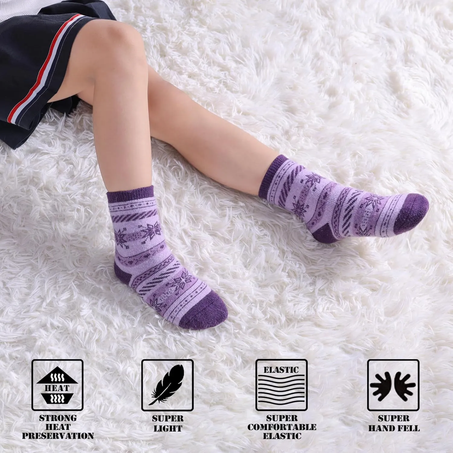 FNOVCO Kids Merino Wool Hiking Socks Toddlers Boys Girls Cozy Thermal Winter Thick Warm Crew Socks 6 Pairs