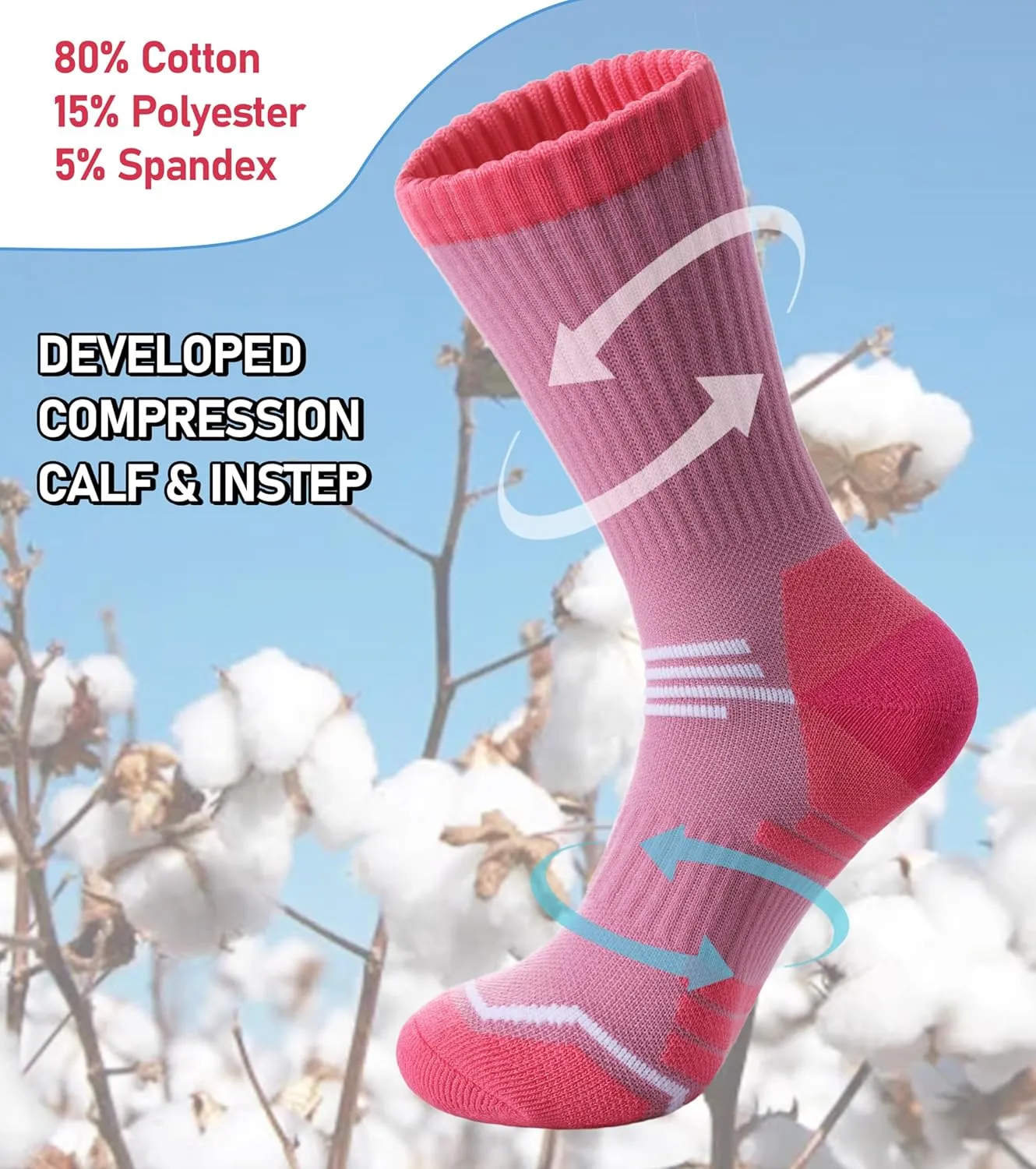 FNOVCO Women's Hiking Walking Running Crew Socks Thick Cushioned Athletic Compression Socks 5 Pairs