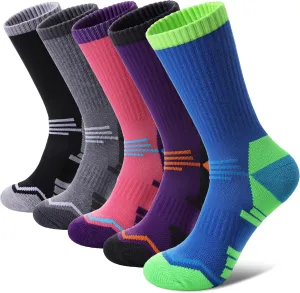 FNOVCO Women's Hiking Walking Running Crew Socks Thick Cushioned Athletic Compression Socks 5 Pairs