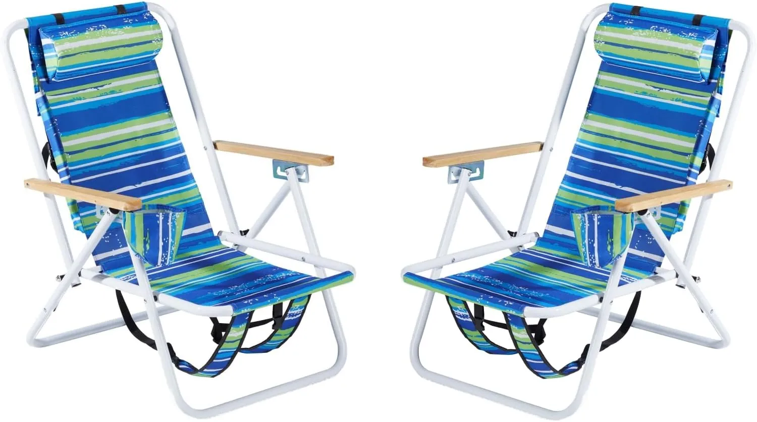 Foldable Beach Chair, Portable Camping Chairs with Straps,Backpack Beach Chairs for Adults with Headrest, Cup Holder & Wooden Armrests,Position Adjustable (colorful-2pcs)