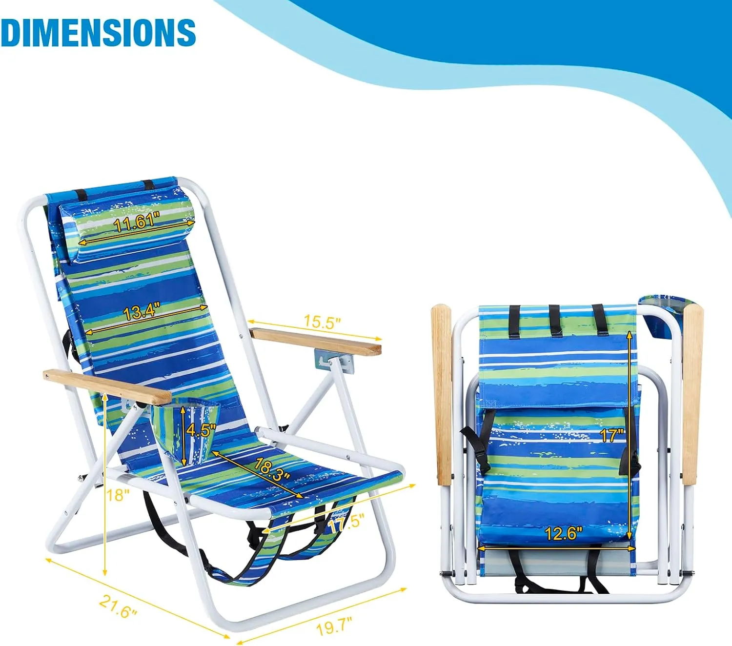 Foldable Beach Chair, Portable Camping Chairs with Straps,Backpack Beach Chairs for Adults with Headrest, Cup Holder & Wooden Armrests,Position Adjustable (colorful-2pcs)