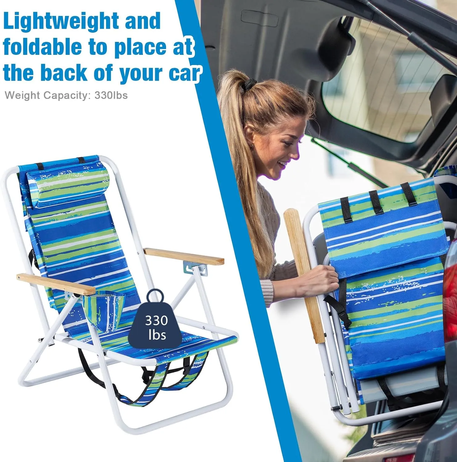 Foldable Beach Chair, Portable Camping Chairs with Straps,Backpack Beach Chairs for Adults with Headrest, Cup Holder & Wooden Armrests,Position Adjustable (colorful-2pcs)