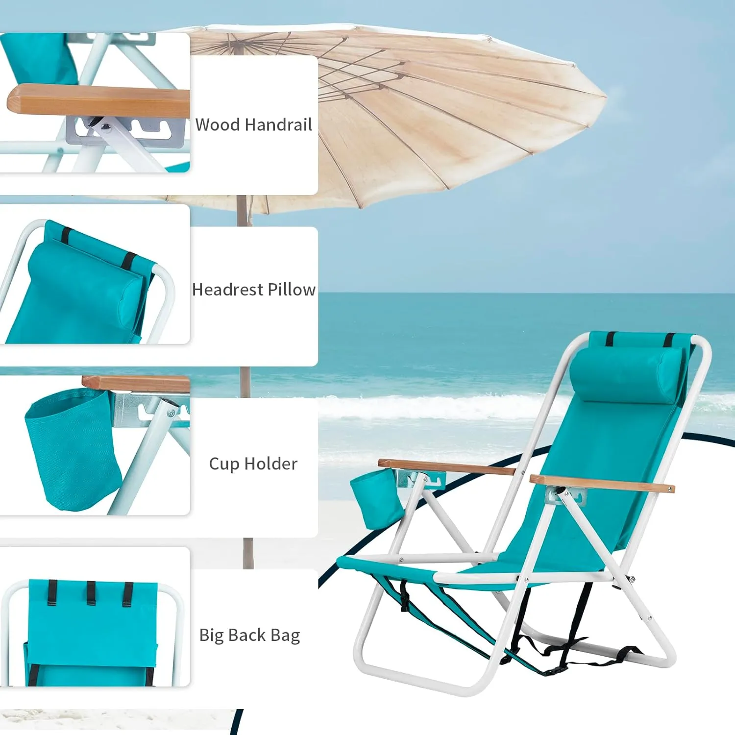 Foldable Beach Chair, Portable Camping Chairs with Straps,Backpack Beach Chairs for Adults with Headrest, Cup Holder & Wooden Armrests,Position Adjustable (Green-2 pcs)
