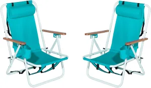 Foldable Beach Chair, Portable Camping Chairs with Straps,Backpack Beach Chairs for Adults with Headrest, Cup Holder & Wooden Armrests,Position Adjustable (Green-2 pcs)