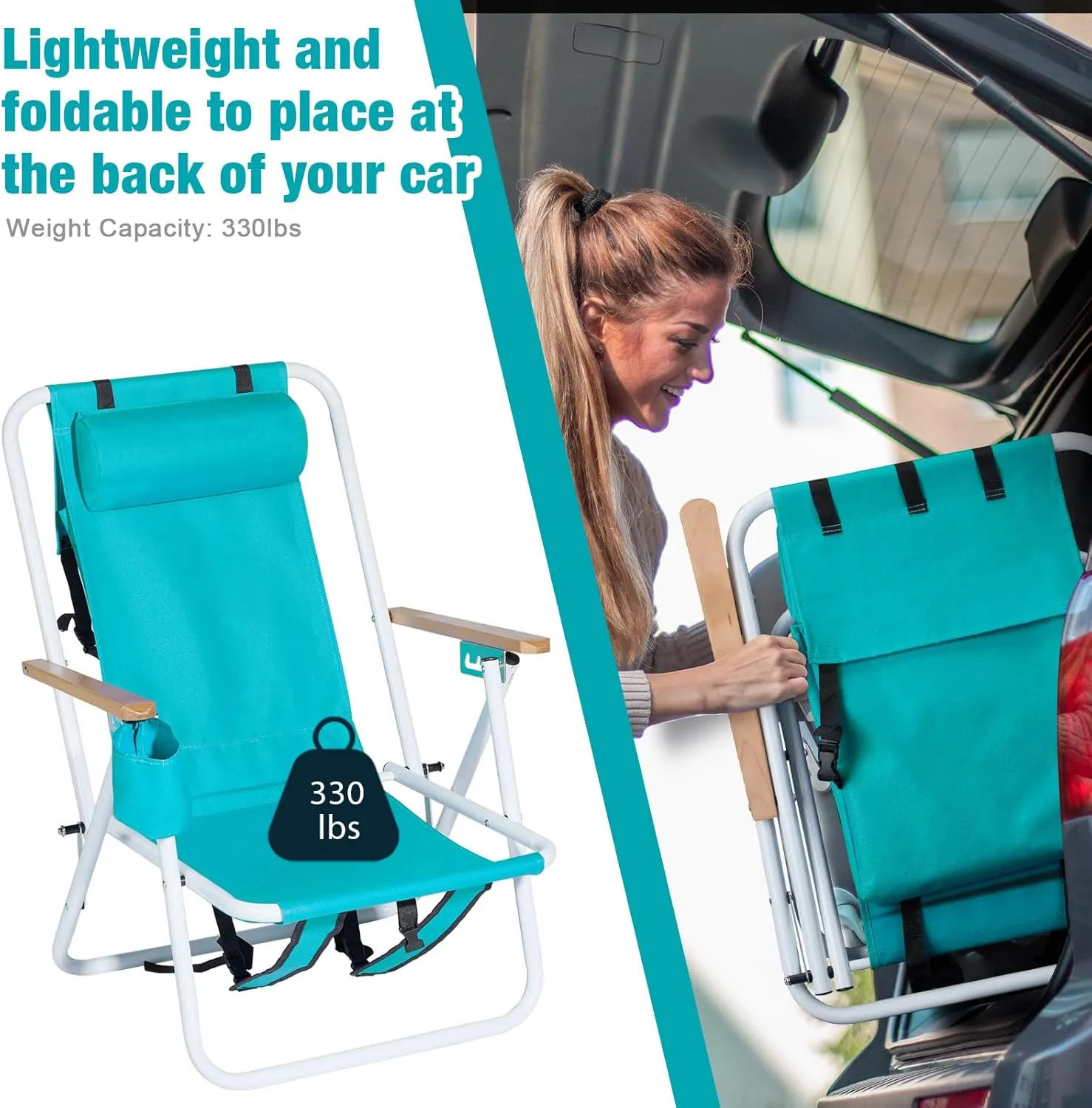 Foldable Beach Chair, Portable Camping Chairs with Straps,Backpack Beach Chairs for Adults with Headrest, Cup Holder & Wooden Armrests,Position Adjustable (Green-2 pcs)