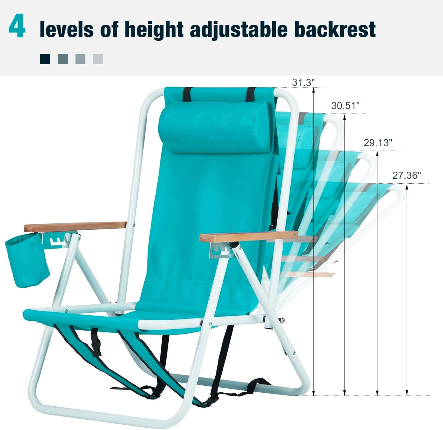 Foldable Beach Chair, Portable Camping Chairs with Straps,Backpack Beach Chairs for Adults with Headrest, Cup Holder & Wooden Armrests,Position Adjustable (Green-2 pcs)