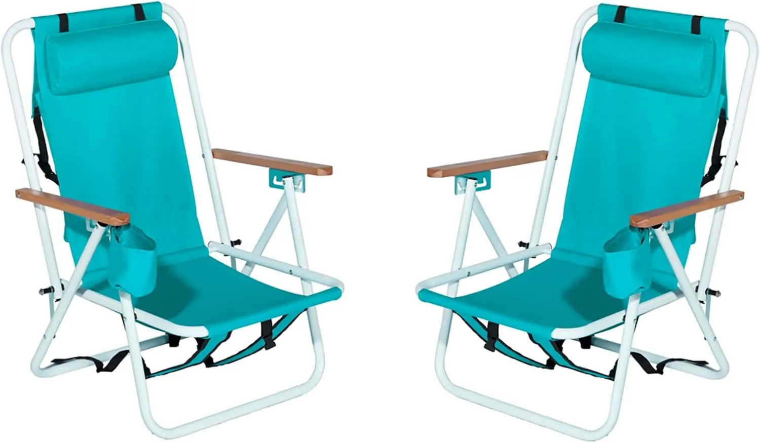 Foldable Beach Chair, Portable Camping Chairs with Straps,Backpack Beach Chairs for Adults with Headrest, Cup Holder & Wooden Armrests,Position Adjustable (Green-2 pcs)