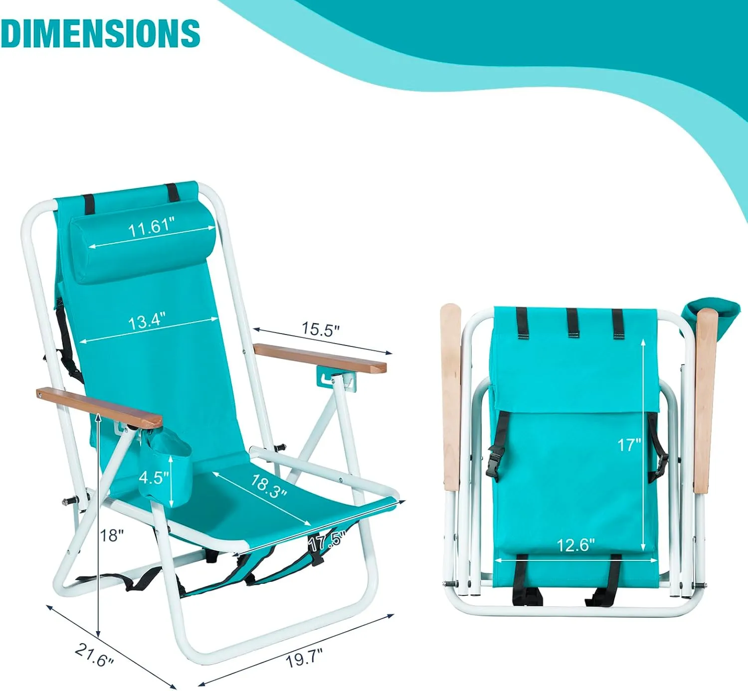 Foldable Beach Chair, Portable Camping Chairs with Straps,Backpack Beach Chairs for Adults with Headrest, Cup Holder & Wooden Armrests,Position Adjustable (Green-2 pcs)