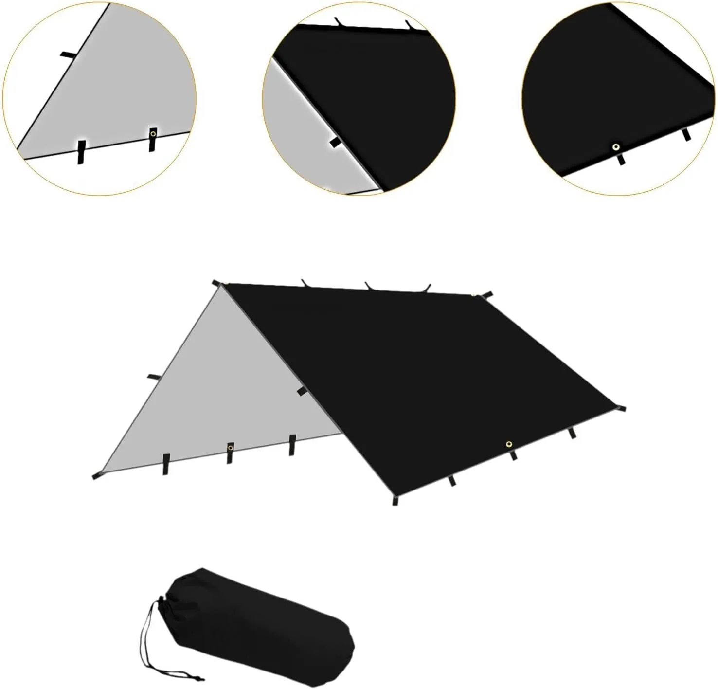 Foldable Camping Tent Tarp Awning Waterproof 300x300cm for Backpacking Versatile Polyester Fabric Accessories Rain Cover Canopy, Black