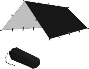 Foldable Camping Tent Tarp Awning Waterproof 300x300cm for Backpacking Versatile Polyester Fabric Accessories Rain Cover Canopy, Black