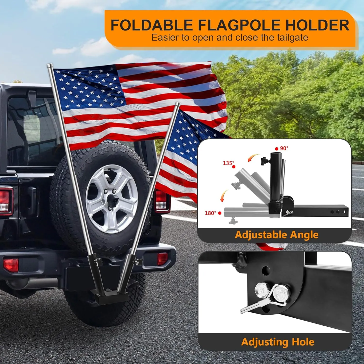 Foldable Hitch Mount Dual Flagpole Holder Universal for Standard 2 inch Receiver fit for Truck SUV RV Pickup