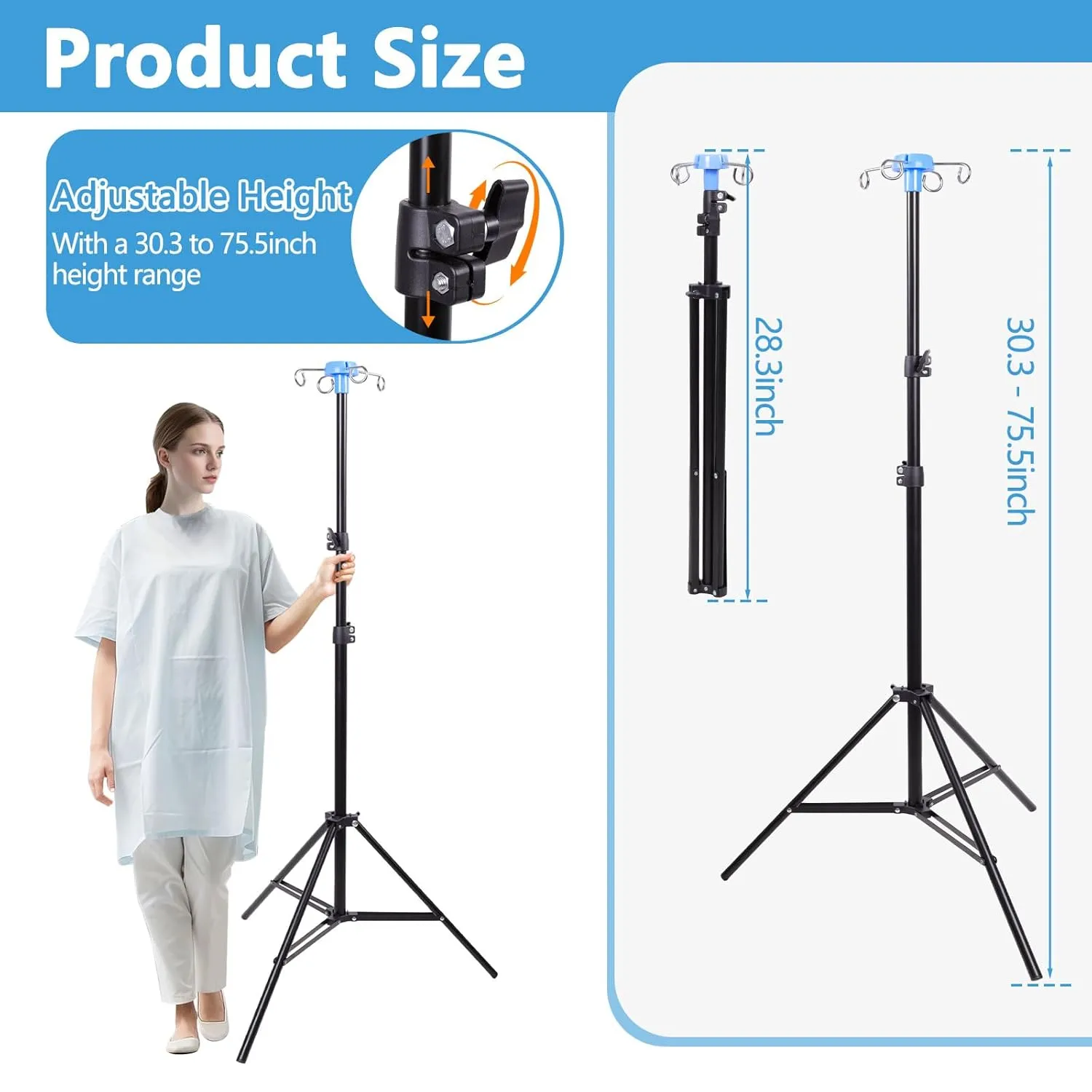 Foldable IV Pole Stand with 4 Hooks, Adjustable Height IV Stand, Tripod IV Pole Stand for Home Care, Hospitals, Clinics and Travel, Medical IV Drip Infusion Bag Holder(Black)