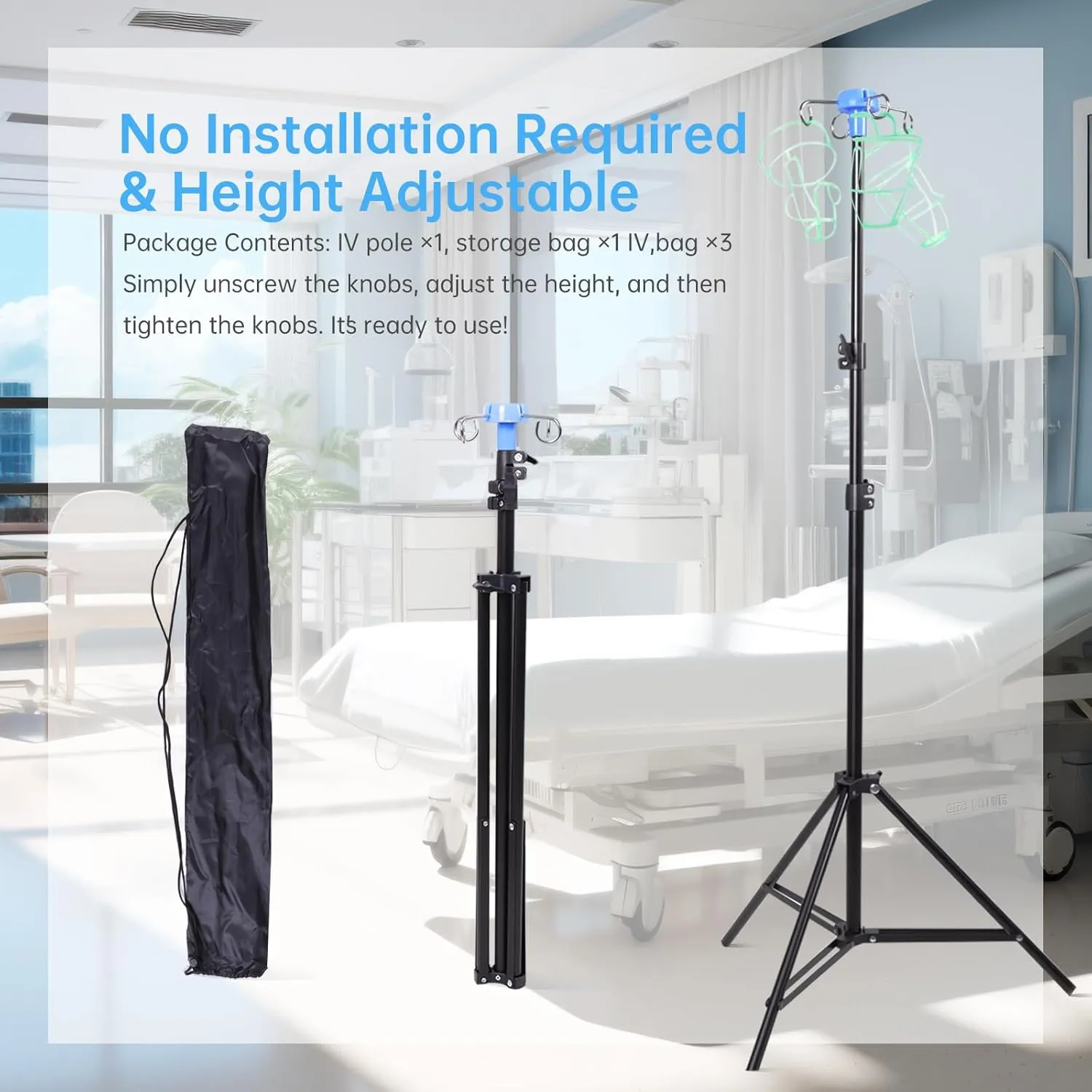 Foldable IV Pole with Portable Bag, Collapsible IV Pole Stand with 3 Nets for Drip Bag, Tripod IV Pole Stand Adjustable, 4 Hooks for Nursing Clinic Home Care Travel, Stable, Black, 1 Pcs