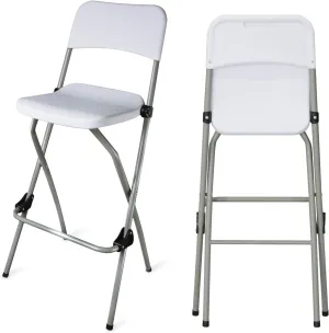 Folding Bar Stool Tall Portable Foldable Metal Frame Barstool with Backrest and Footrest, Seat Height 28.94 inches, Weight Capacity 220 lbs,2 Pcs,White