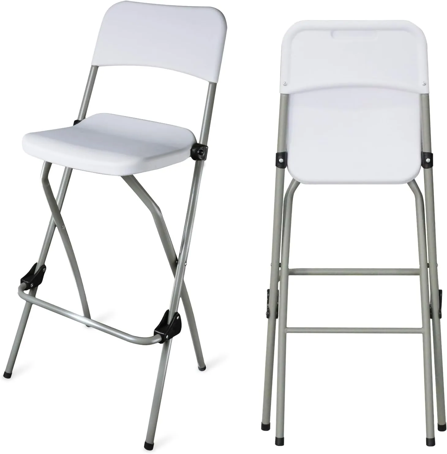 Folding Bar Stool Tall Portable Foldable Metal Frame Barstool with Backrest and Footrest, Seat Height 28.94 inches, Weight Capacity 220 lbs,2 Pcs,White