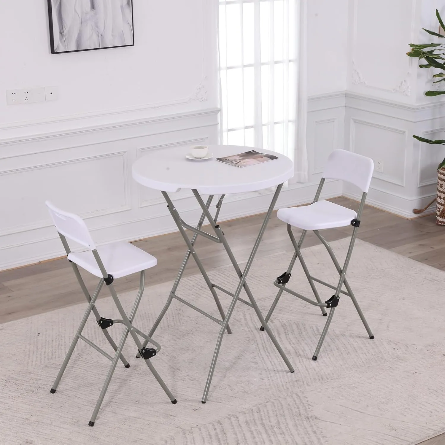 Folding Bar Stool Tall Portable Foldable Metal Frame Barstool with Backrest and Footrest, Seat Height 28.94 inches, Weight Capacity 220 lbs,2 Pcs,White