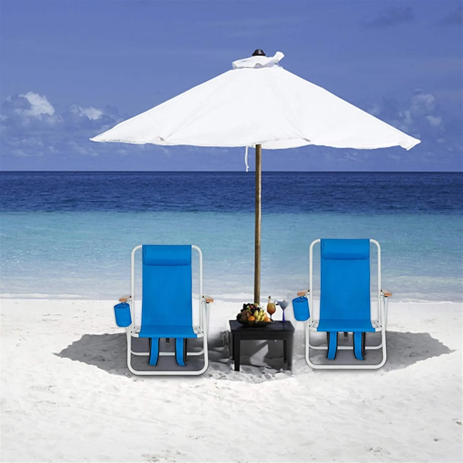 Folding Beach Chair, 4 Position Reclining Backpack Camping Chairs with Headrest Cup Holder Wooden Armrests Heavy Duty Portable Lounge Chairs for Beach Backyard Travel (1, Blue)