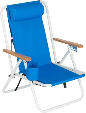 Folding Beach Chair, 4 Position Reclining Backpack Camping Chairs with Headrest Cup Holder Wooden Armrests Heavy Duty Portable Lounge Chairs for Beach Backyard Travel (1, Blue)