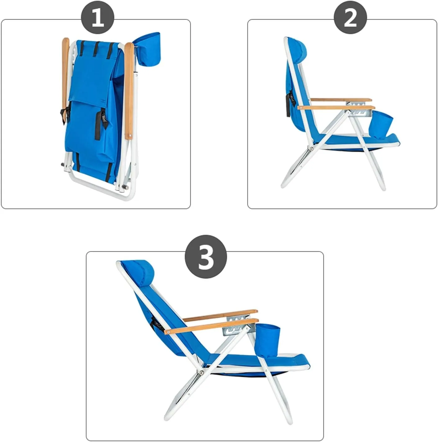 Folding Beach Chair, 4 Position Reclining Backpack Camping Chairs with Headrest Cup Holder Wooden Armrests Heavy Duty Portable Lounge Chairs for Beach Backyard Travel (1, Blue)