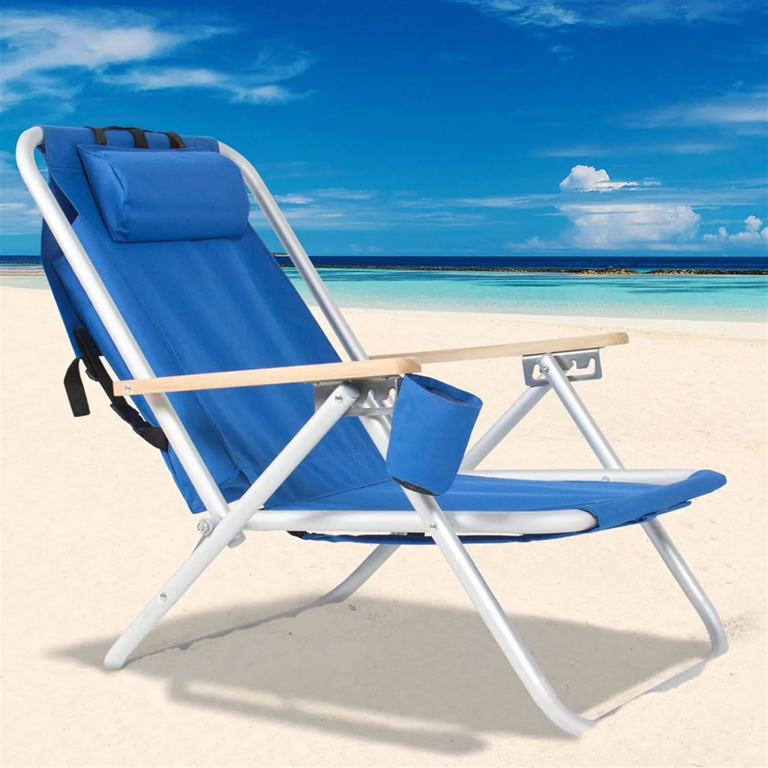 Folding Beach Chair, 4 Position Reclining Backpack Camping Chairs with Headrest Cup Holder Wooden Armrests Heavy Duty Portable Lounge Chairs for Beach Backyard Travel (1, Blue)