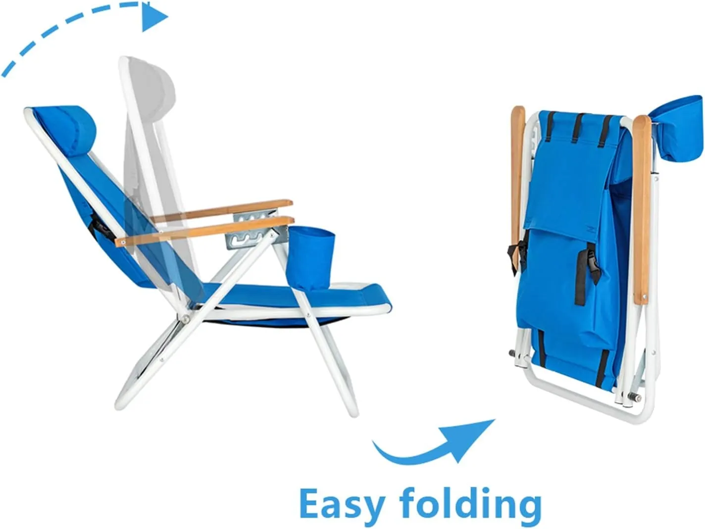 Folding Beach Chair, 4 Position Reclining Backpack Camping Chairs with Headrest Cup Holder Wooden Armrests Heavy Duty Portable Lounge Chairs for Beach Backyard Travel (1, Blue)