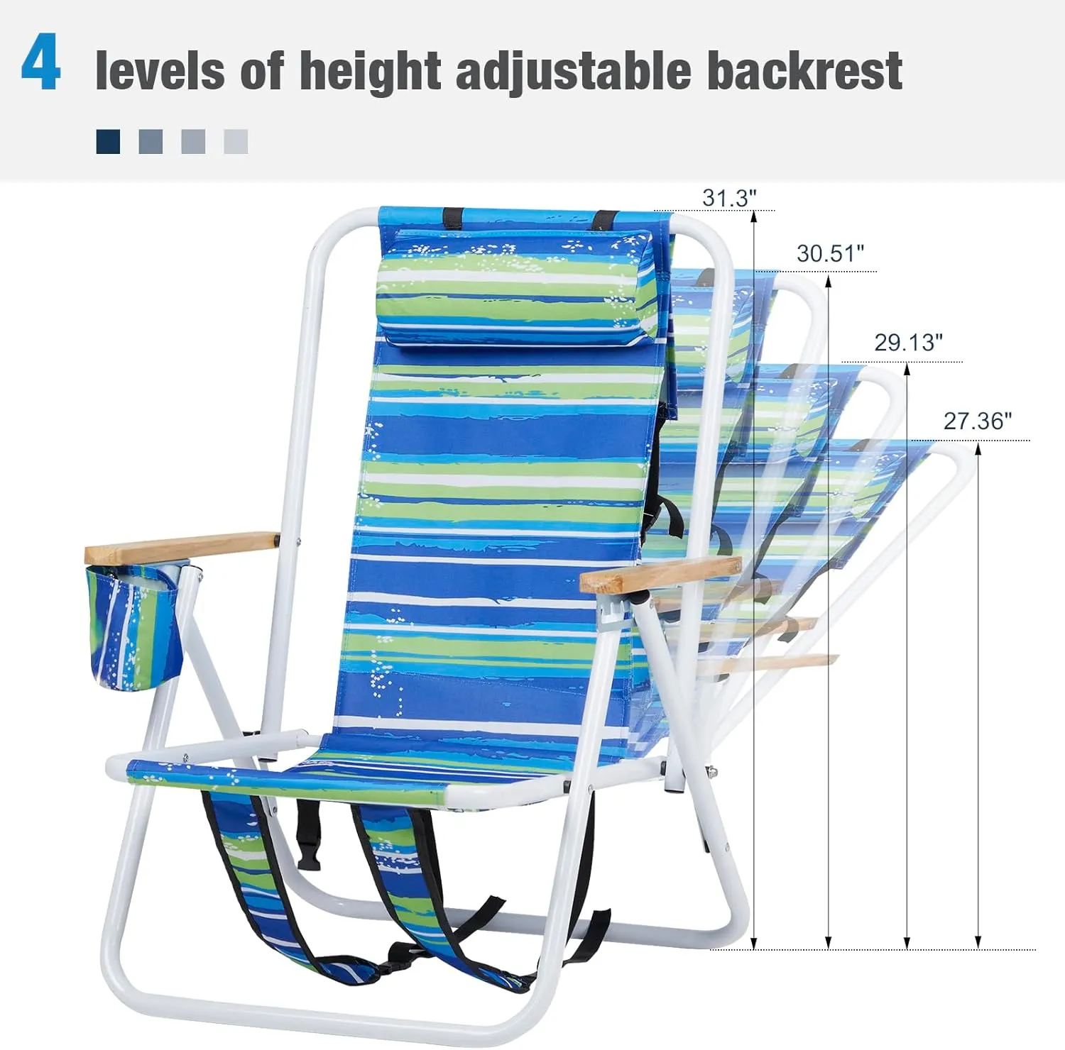Folding Beach Chair, 4 Position Reclining Backpack Camping Chairs with Headrest Cup Holder Wooden Armrests Heavy Duty Portable Lounge Chairs for Beach Backyard Travel (2, Blue & Green)