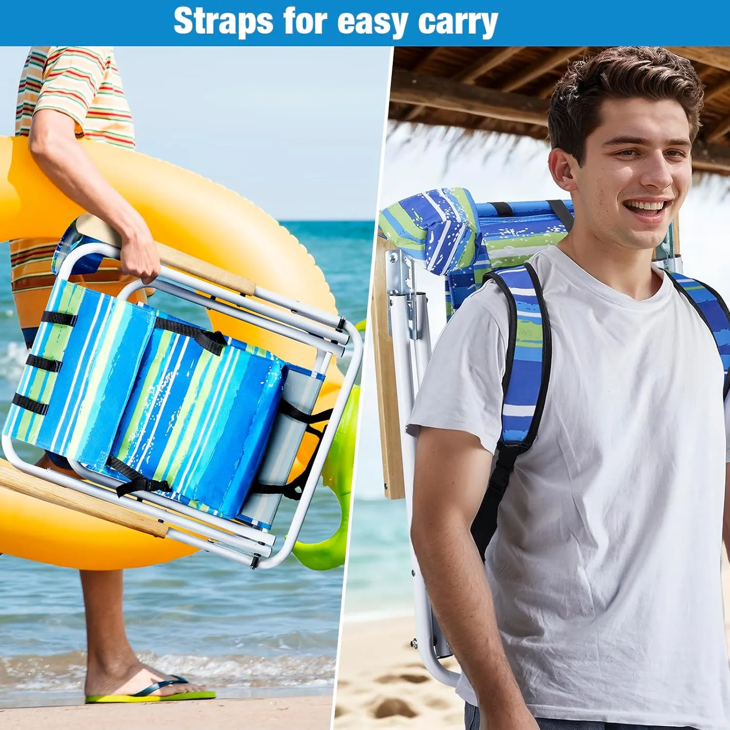 Folding Beach Chair, 4 Position Reclining Backpack Camping Chairs with Headrest Cup Holder Wooden Armrests Heavy Duty Portable Lounge Chairs for Beach Backyard Travel (2, Blue & Green)