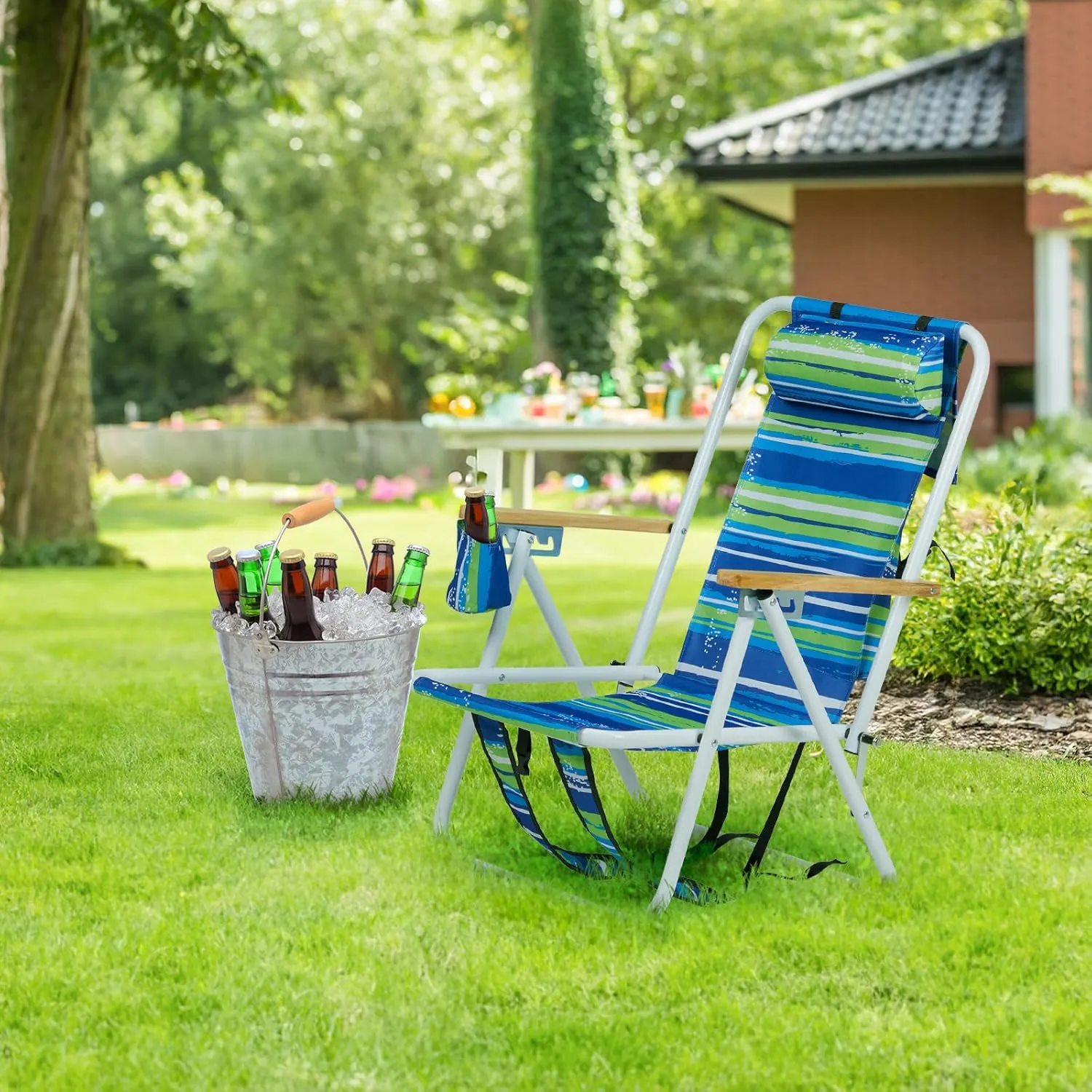 Folding Beach Chair, 4 Position Reclining Backpack Camping Chairs with Headrest Cup Holder Wooden Armrests Heavy Duty Portable Lounge Chairs for Beach Backyard Travel (2, Blue & Green)