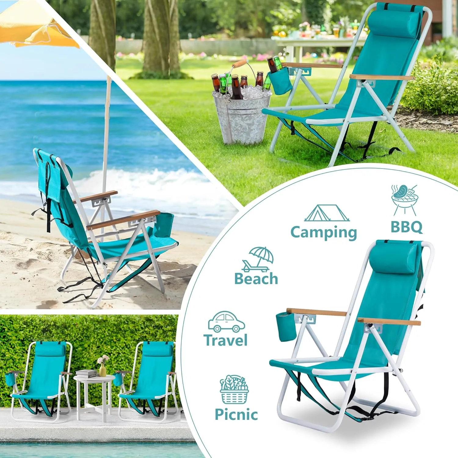 Folding Beach Chair, Portable Backpack Chair with 350lb Capacity, Camping Chair with 4 Position Reclining for Beach, Pool, Patio, Outdoor Concert Travel(Mint Green-2 Pack)