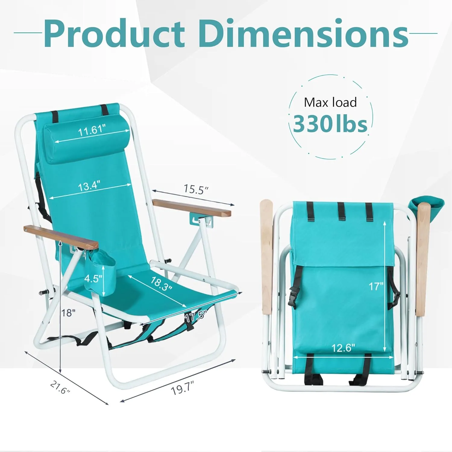 Folding Beach Chair, Portable Backpack Chair with 350lb Capacity, Camping Chair with 4 Position Reclining for Beach, Pool, Patio, Outdoor Concert Travel(Mint Green-2 Pack)