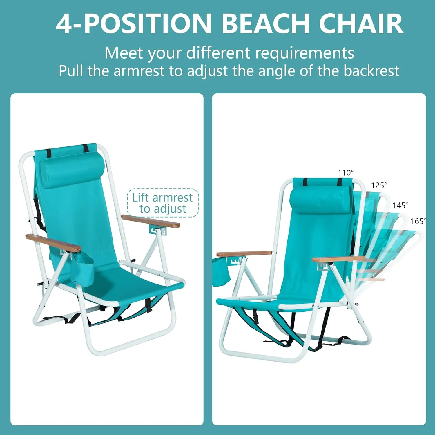 Folding Beach Chair, Portable Backpack Chair with 350lb Capacity, Camping Chair with 4 Position Reclining for Beach, Pool, Patio, Outdoor Concert Travel(Mint Green-2 Pack)
