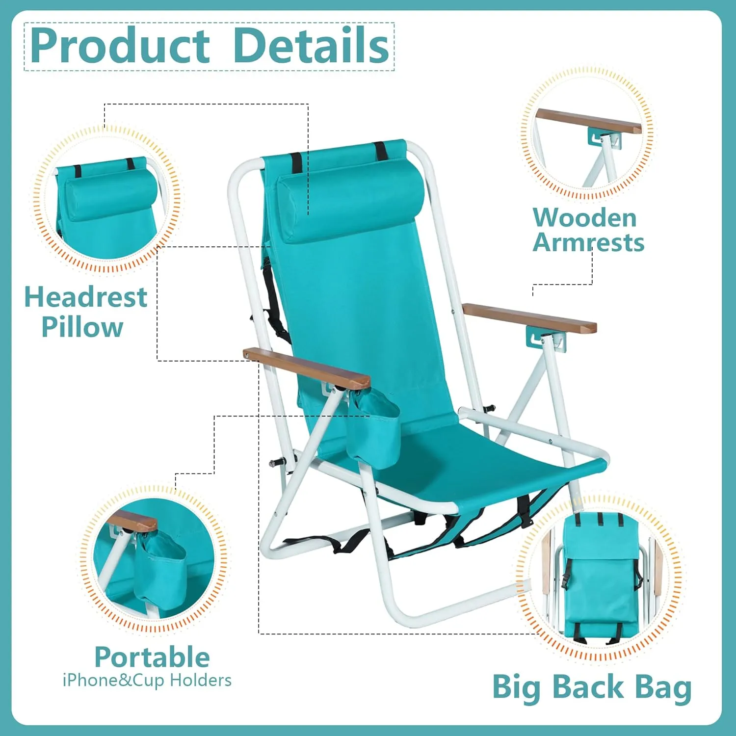 Folding Beach Chair, Portable Backpack Chair with 350lb Capacity, Camping Chair with 4 Position Reclining for Beach, Pool, Patio, Outdoor Concert Travel(Mint Green-2 Pack)