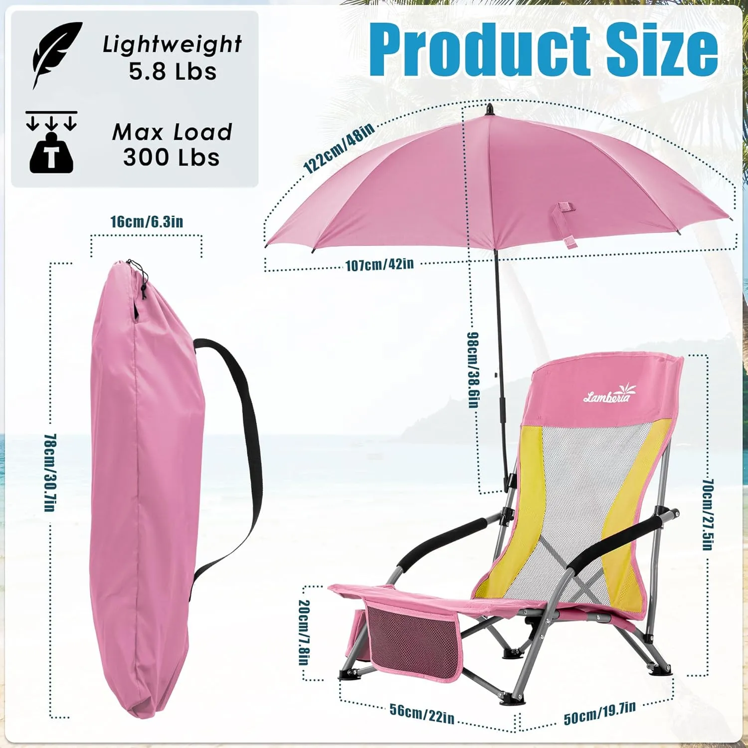 Folding Beach Chair with Umbrella for Adults, 2 Pack Portable Low Beach Chairs with 300lbs Capacity, Lightweight Fodable Camping Chair for Travel, Picnic, Concert & Outdoor Activities,Pink-Yellow