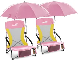 Folding Beach Chair with Umbrella for Adults, 2 Pack Portable Low Beach Chairs with 300lbs Capacity, Lightweight Fodable Camping Chair for Travel, Picnic, Concert & Outdoor Activities,Pink-Yellow