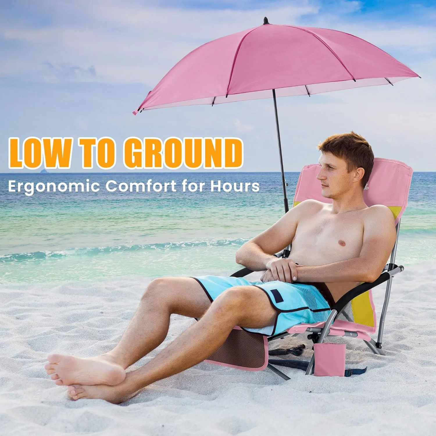 Folding Beach Chair with Umbrella for Adults, 2 Pack Portable Low Beach Chairs with 300lbs Capacity, Lightweight Fodable Camping Chair for Travel, Picnic, Concert & Outdoor Activities,Pink-Yellow