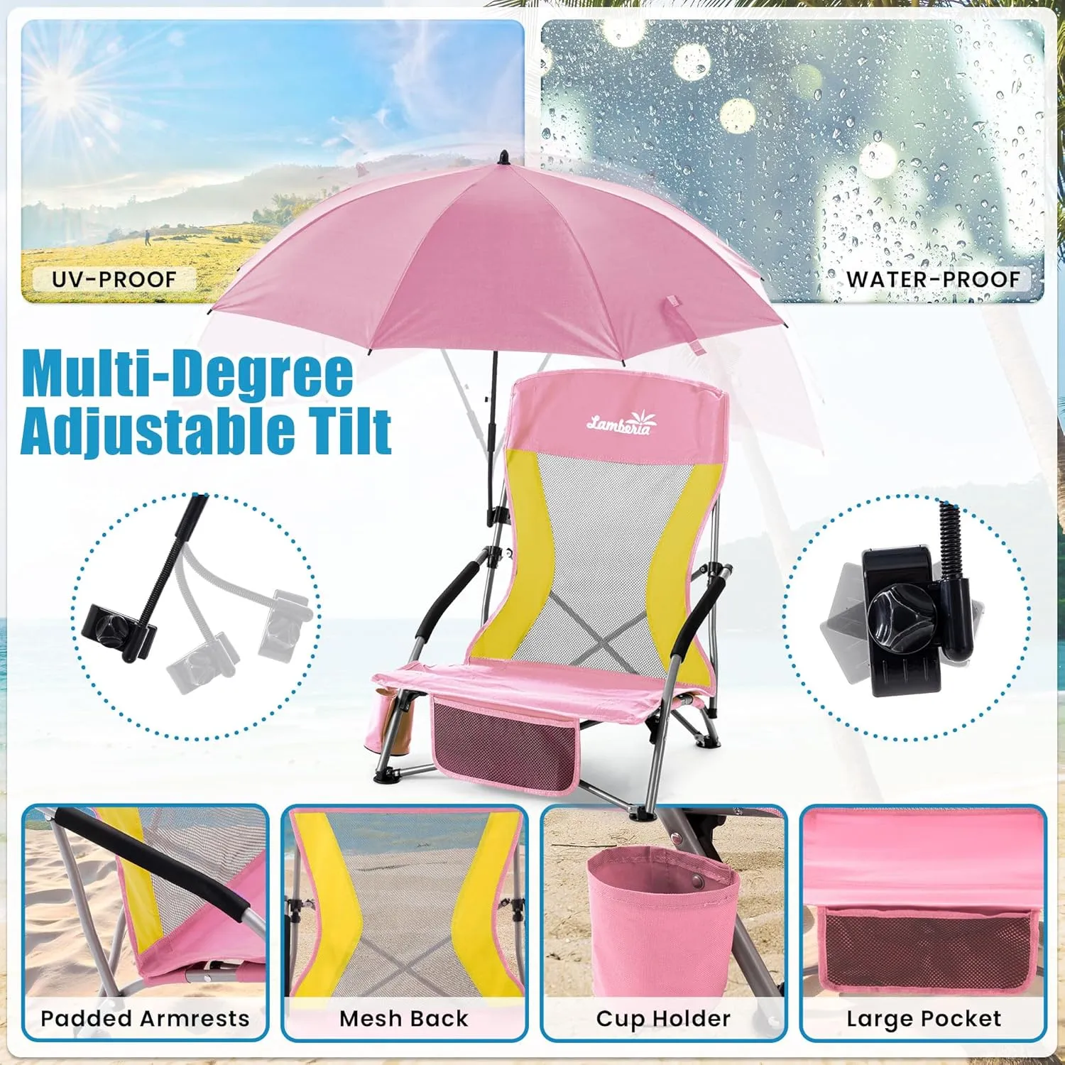 Folding Beach Chair with Umbrella for Adults, 2 Pack Portable Low Beach Chairs with 300lbs Capacity, Lightweight Fodable Camping Chair for Travel, Picnic, Concert & Outdoor Activities,Pink-Yellow