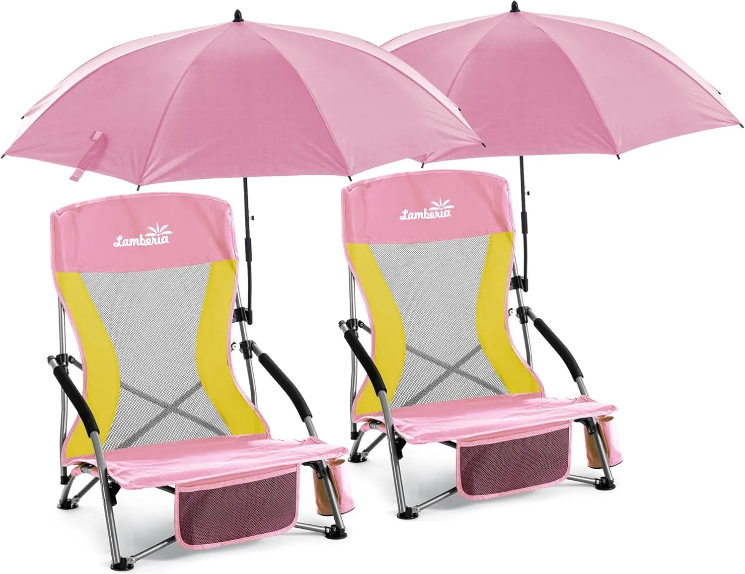 Folding Beach Chair with Umbrella for Adults, 2 Pack Portable Low Beach Chairs with 300lbs Capacity, Lightweight Fodable Camping Chair for Travel, Picnic, Concert & Outdoor Activities,Pink-Yellow