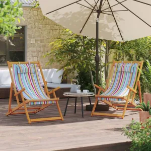 Folding Beach Chairs 2 pcs Multicolor Fabric,Reclining Eucalyptus Wood Beach Chair Durable Folding Chair for Camping and Patio