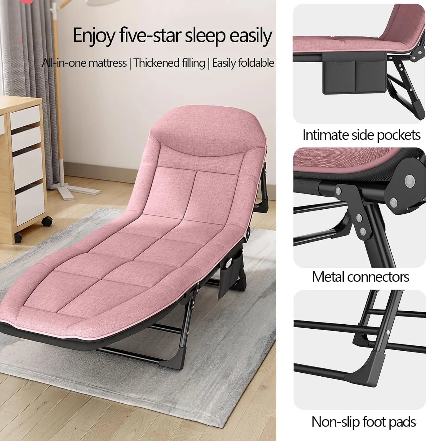 Folding Camping Bed 5-Level Adjustable Backrest Camping Cot with Mattresses Lounge Chair Load 353lbs with Padded Folding Cot