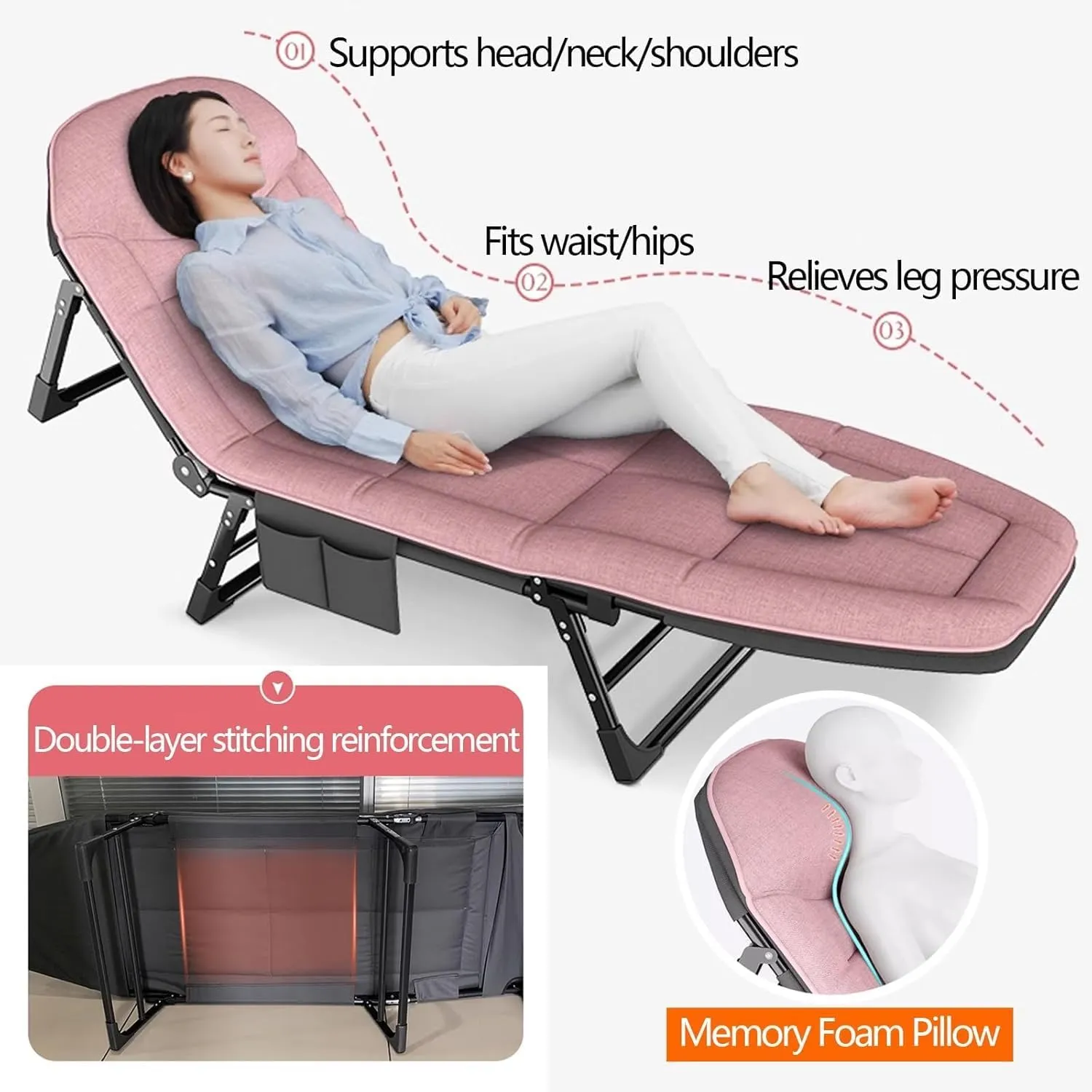 Folding Camping Bed 5-Level Adjustable Backrest Camping Cot with Mattresses Lounge Chair Load 353lbs with Padded Folding Cot