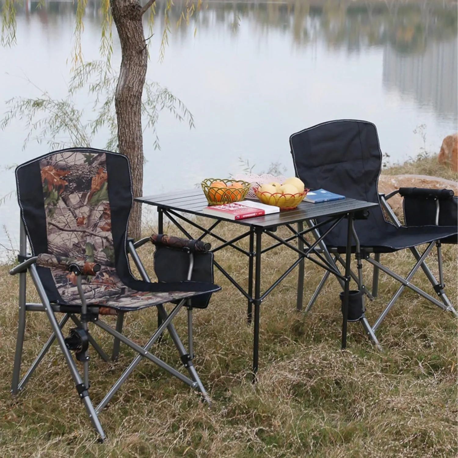 Folding Camping Chair, Portable High Back Padded Garden Chair with Armrests, Chairs with Cup Holder and Cooler Bag for Adults Duty Steel Frame Support 150 KG Blue