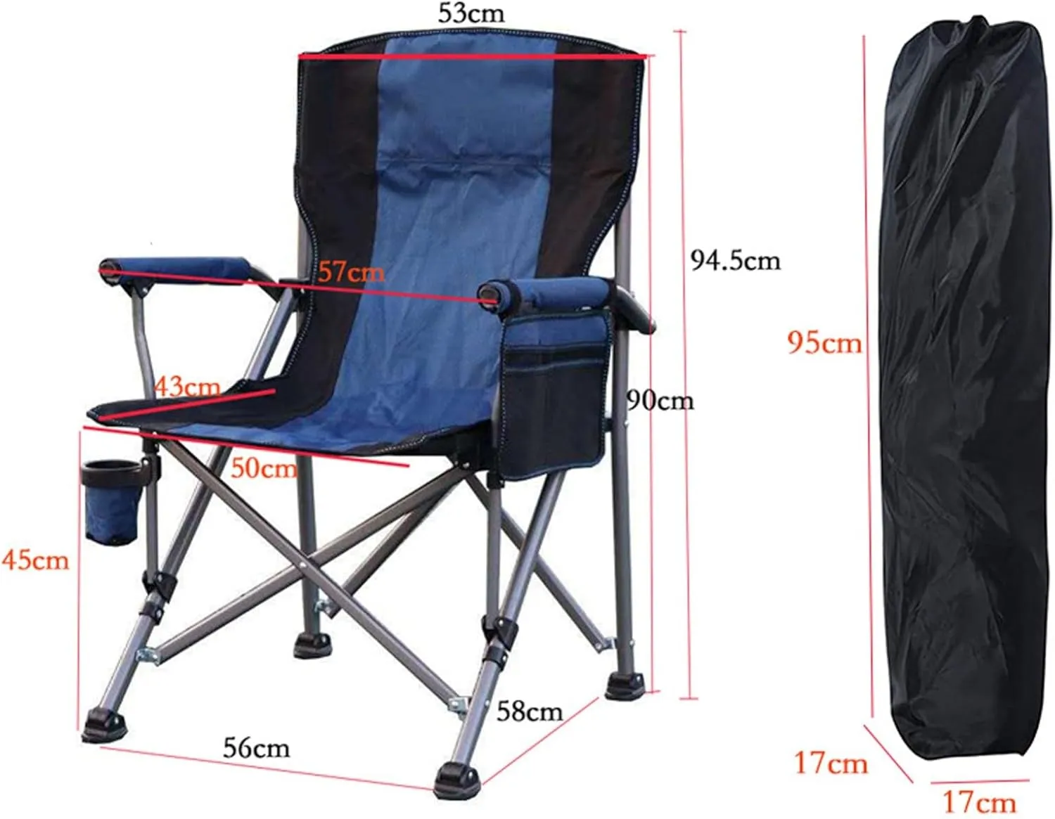 Folding Camping Chair, Portable High Back Padded Garden Chair with Armrests, Chairs with Cup Holder and Cooler Bag for Adults Duty Steel Frame Support 150 KG Blue