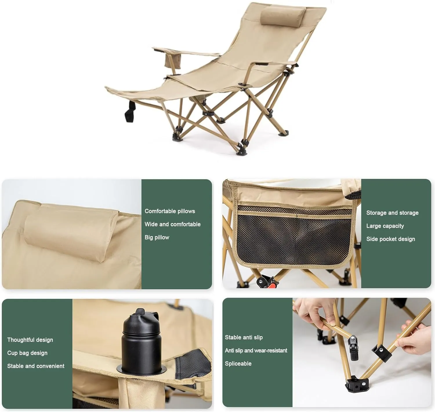 Folding Camping Chair with Detachable Footrest 2 in 1 Portable Reclining Camp Chair Adjustable Backrest with Headrests Cup Holders and Storage Bags
