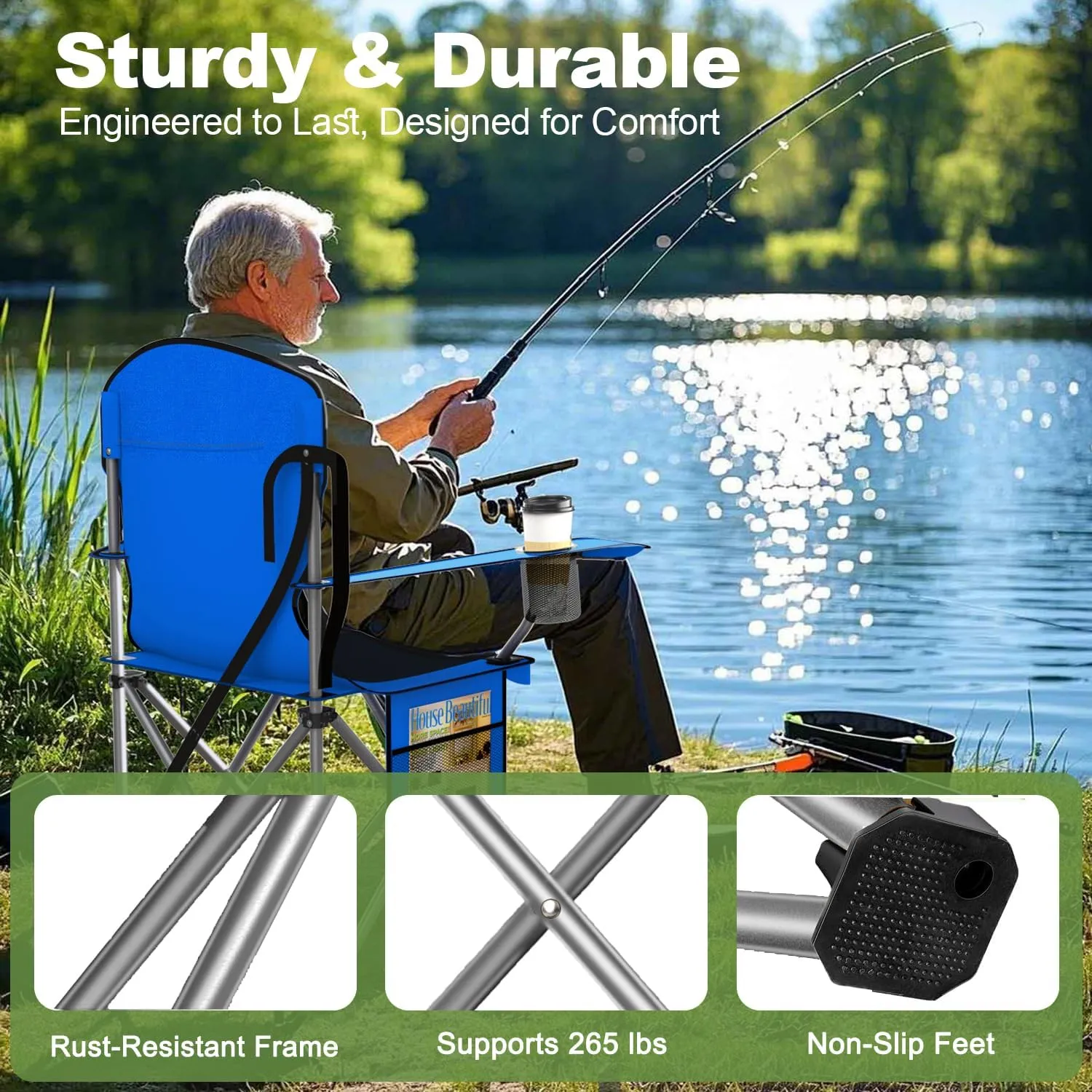 Folding Camping Chairs Durable 600D Oxford, Portable Outdoor Chair with Cooler Pouch, Cup Holder & Storage Pocket for Camping, Beach, Fishing (2 Pack, Blue)
