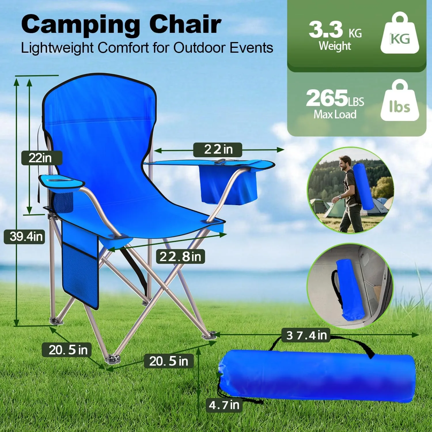 Folding Camping Chairs Durable 600D Oxford, Portable Outdoor Chair with Cooler Pouch, Cup Holder & Storage Pocket for Camping, Beach, Fishing (2 Pack, Blue)