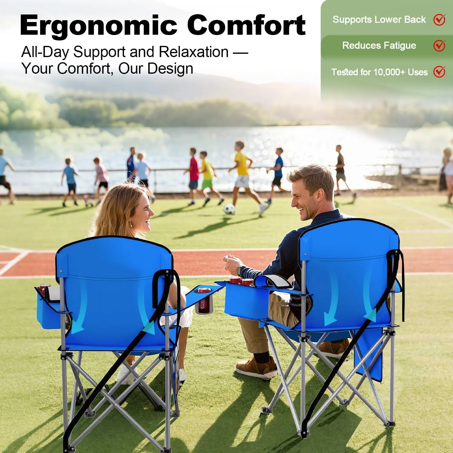 Folding Camping Chairs Durable 600D Oxford, Portable Outdoor Chair with Cooler Pouch, Cup Holder & Storage Pocket for Camping, Beach, Fishing (2 Pack, Blue)