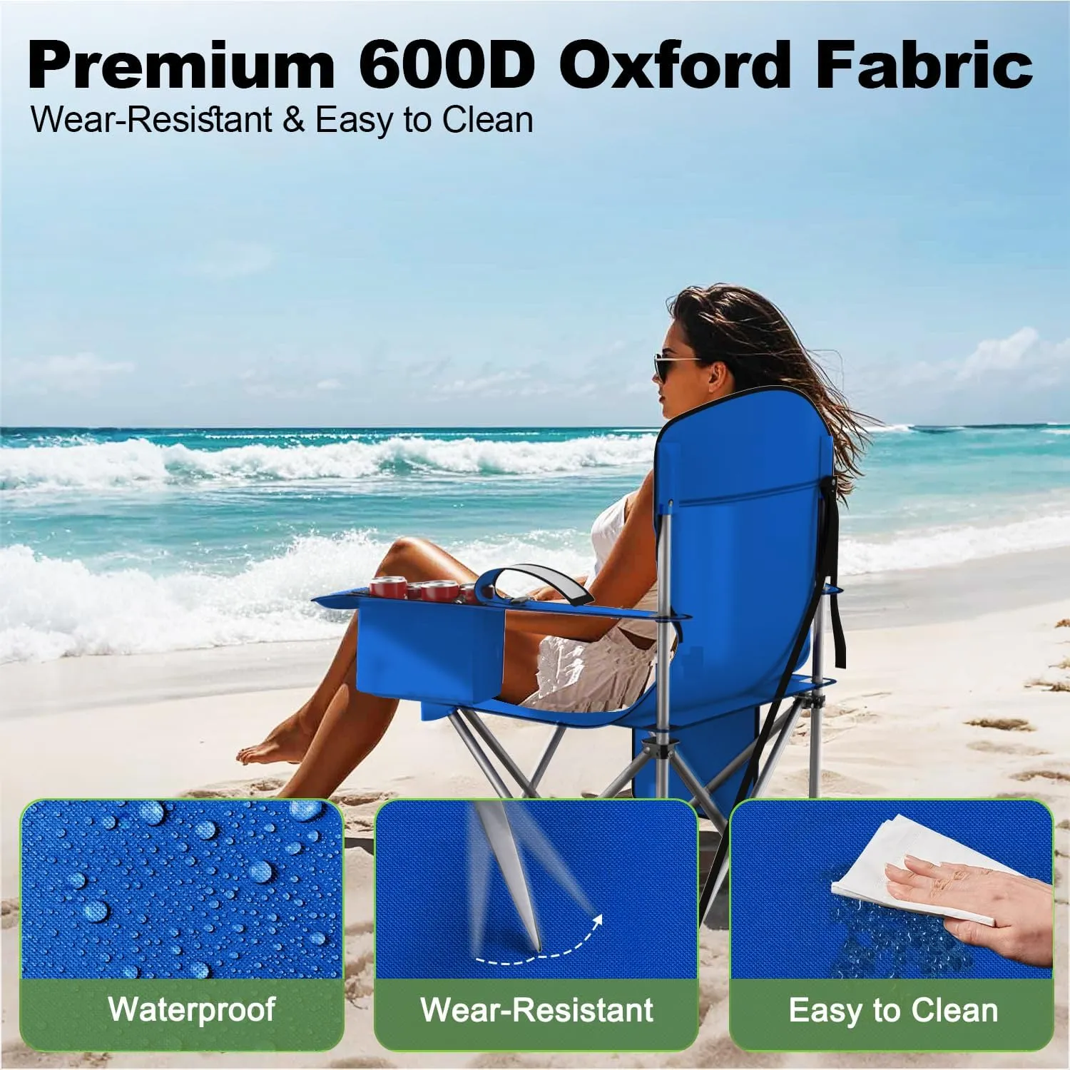 Folding Camping Chairs Durable 600D Oxford, Portable Outdoor Chair with Cooler Pouch, Cup Holder & Storage Pocket for Camping, Beach, Fishing (2 Pack, Blue)