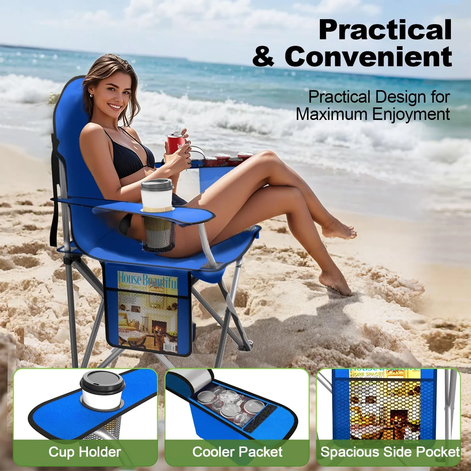 Folding Camping Chairs Durable 600D Oxford, Portable Outdoor Chair with Cooler Pouch, Cup Holder & Storage Pocket for Camping, Beach, Fishing (2 Pack, Blue)
