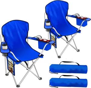 Folding Camping Chairs Durable 600D Oxford, Portable Outdoor Chair with Cooler Pouch, Cup Holder & Storage Pocket for Camping, Beach, Fishing (2 Pack, Blue)